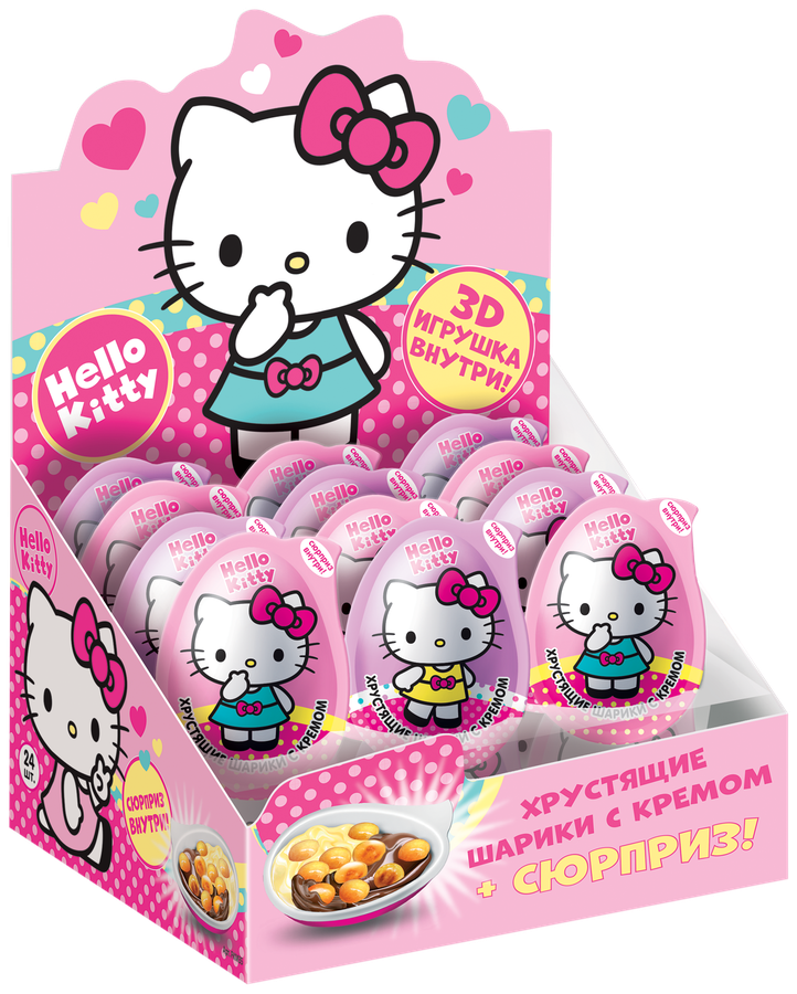 Хрустящие шарики HELLO KITTY с кремом и игрушкой, в капсуле в форме яйца, 15г, превью