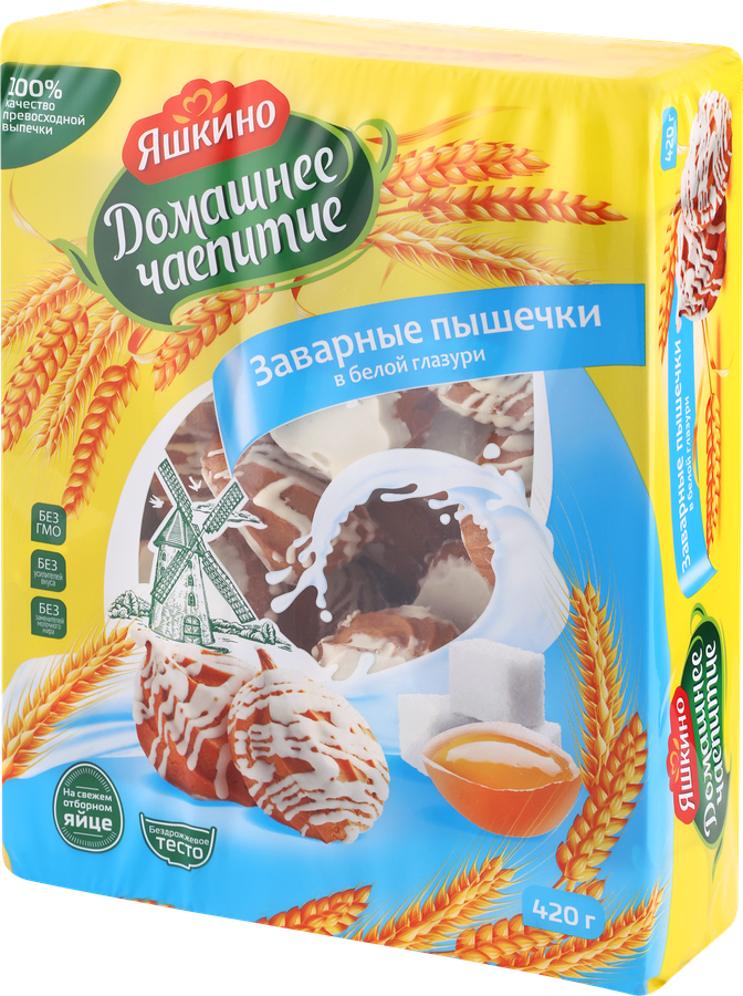 Кондитерское изделие ДОМАШНЕЕ ЧАЕПИТИЕ Заварные Пышечки Яшкино в белой глазури, 420г, превью