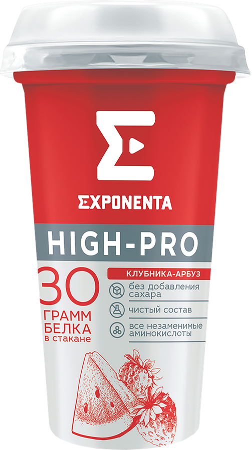 Напиток кисломолочный EXPONENTA High-pro Клубника, арбуз обезжиренный с высоким содержанием белка, без змж, 250г, превью