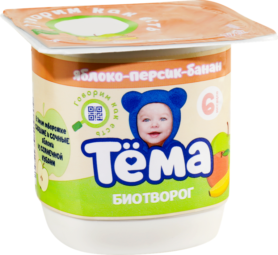 Биотворог для детского питания ТЕМА с яблоком, персиком и бананом 4%, без змж, 95г, предпросмотр