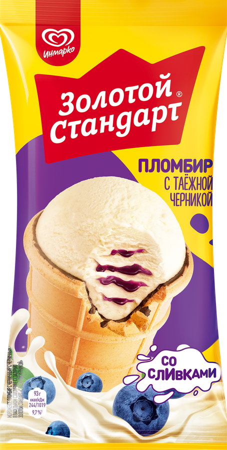 Мороженое ЗОЛОТОЙ СТАНДАРТ Пломбир с черничным наполнителем 12%, без змж, вафельный стаканчик, 93г, предпросмотр