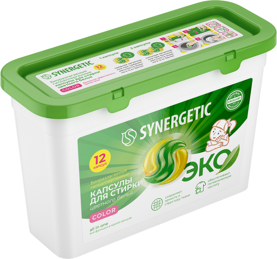 Капсулы для стирки SYNERGETIC Color, 12шт, предпросмотр