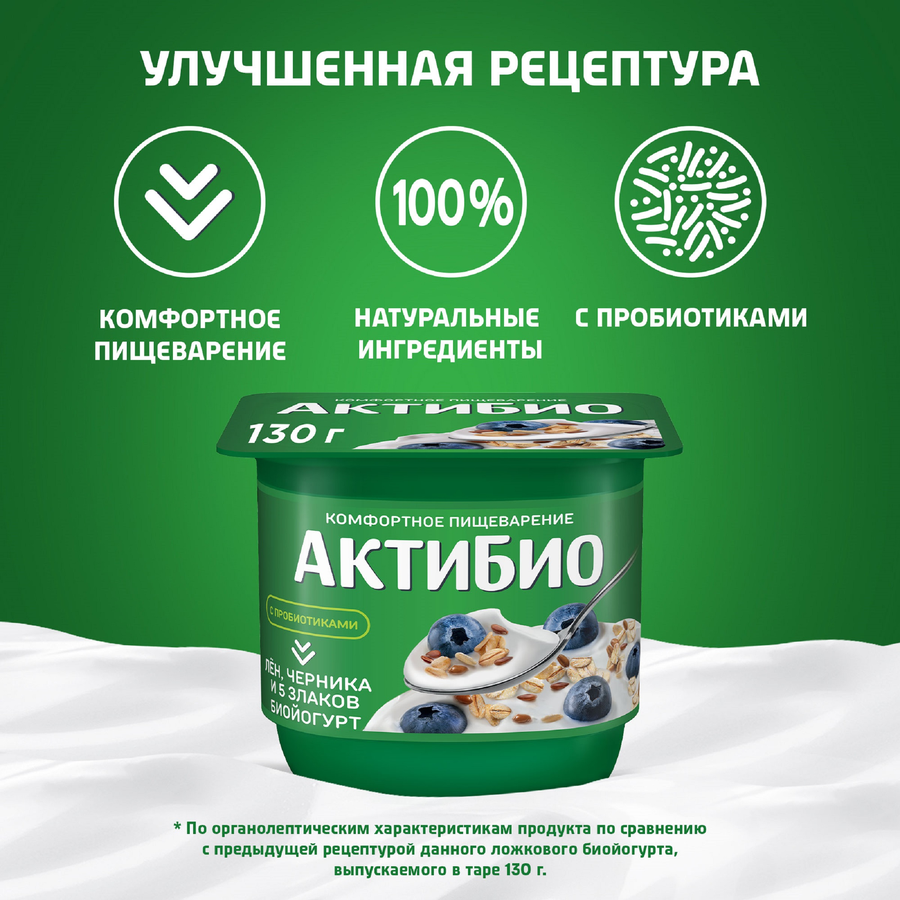 Биойогурт АКТИБИО Черника, 5 злаков, лен 3%, без змж, 130г, превью
