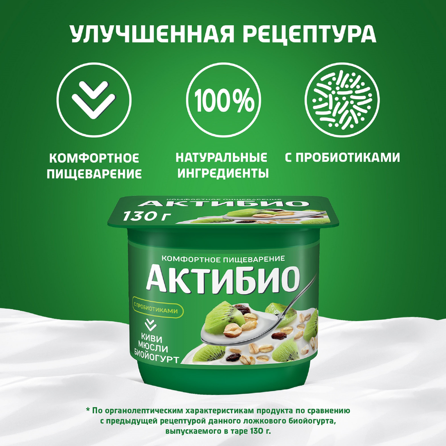 Биойогурт АКТИБИО Киви, мюсли 3%, без змж, 130г, превью