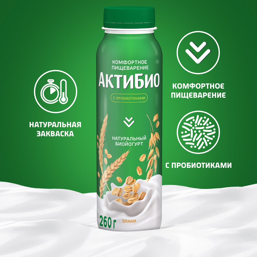 Биойогурт питьевой АКТИБИО Злаки 1,6%, без змж, 260г, превью