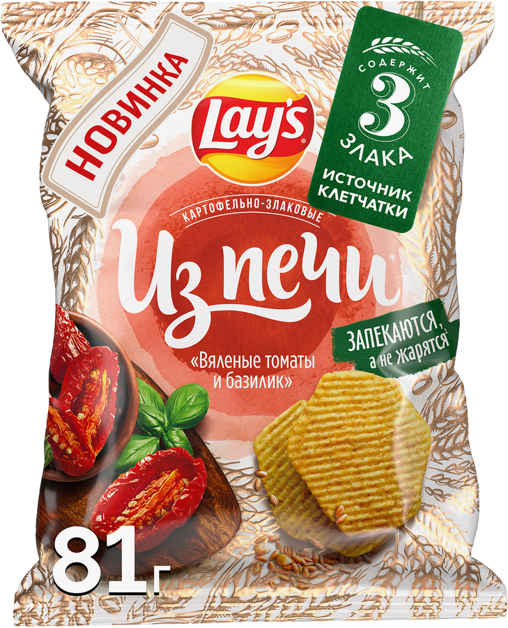 Чипсы картофельно-злаковые LAY'S Из печи, вяленые томаты и базилик, 81г, превью