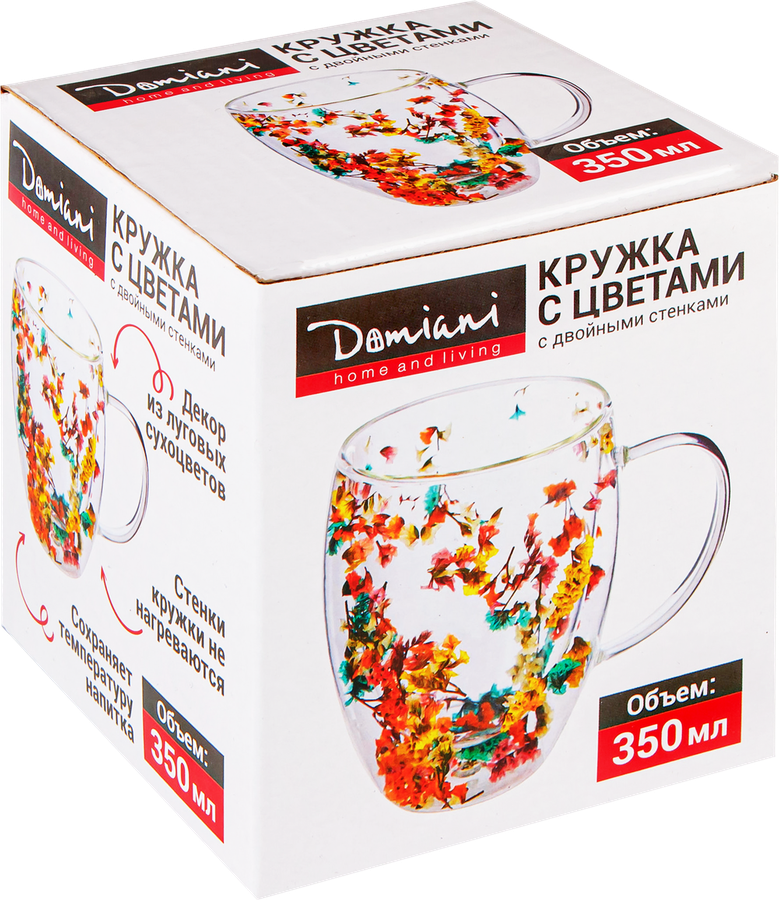 Кружка DOMIANI Home and living с цветами, стеклянная с двойными стенками, Арт. 230626, предпросмотр