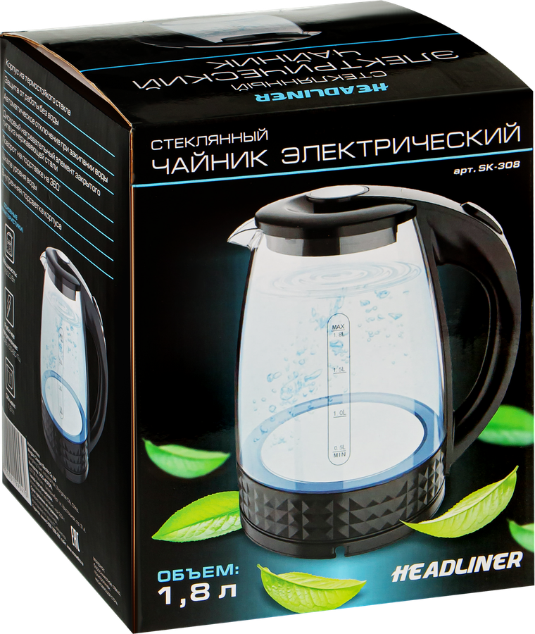 Чайник HEADLINER стеклянный, 1.8л, 1500Вт, предпросмотр