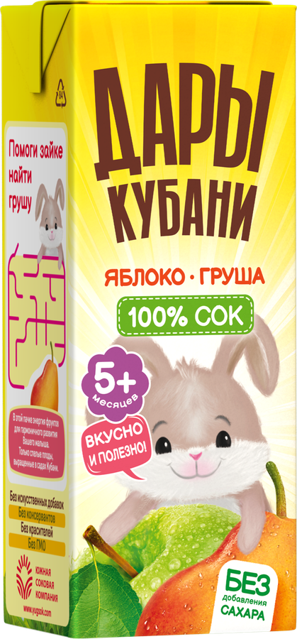 Сок ДАРЫ КУБАНИ Яблоко-груша осветленный, с 5 месяцев, 200мл, предпросмотр