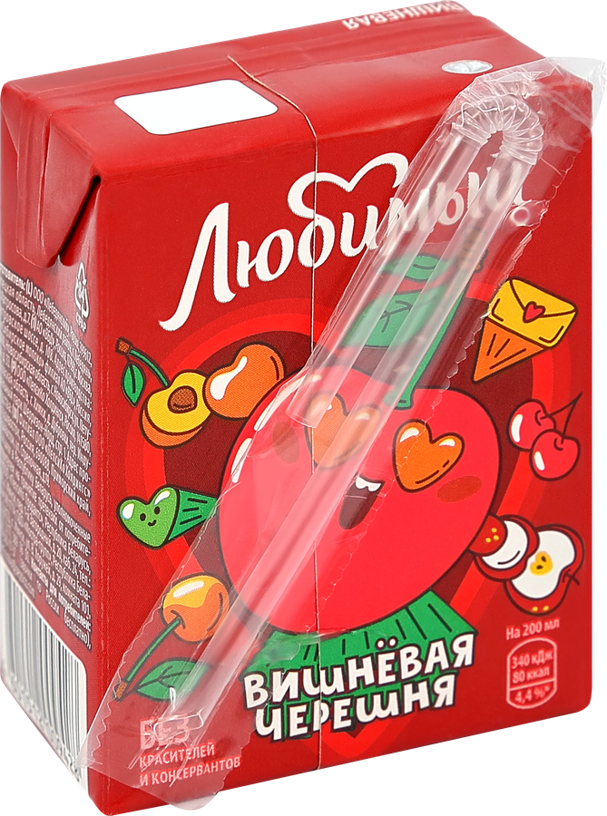 Напиток сокосодержащий ЛЮБИМЫЙ Вишневая черешня Яблоко, вишня, черешня осветленный, 0.2л, предпросмотр