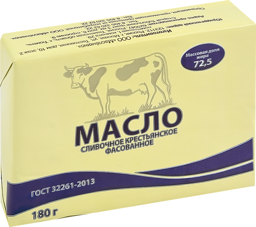 Масло сладкосливочное МАСЛЕНКИНО Крестьянское 72.5%, без змж, 180г, предпросмотр
