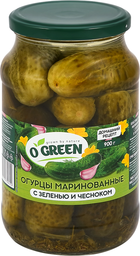 Огурцы маринованные O`GREEN с зеленью и чесноком, 900г, превью