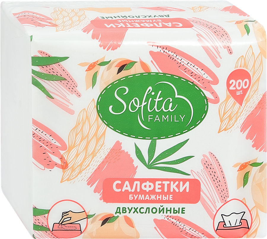 Салфетки бумажные SOFITA Non-stop 2-слоя, 200шт, превью