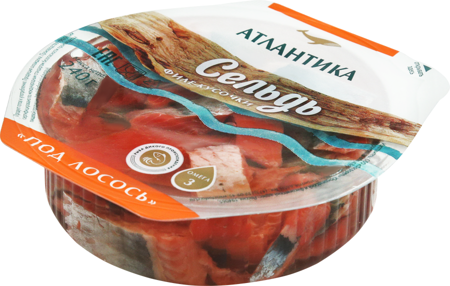 Сельдь слабосоленая АТЛАНТИКА Под лосось, филе-кусочки в масле, 240г, превью
