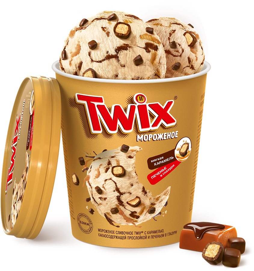 Мороженое TWIX Пломбир с карамелью, какаосодержащей прослойкой и печеньем в глазури, без змж, ведро, 265г, предпросмотр