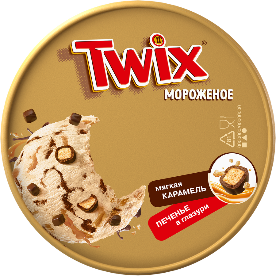 Мороженое TWIX Пломбир с карамелью, какаосодержащей прослойкой и печеньем в глазури, без змж, ведро, 265г, превью