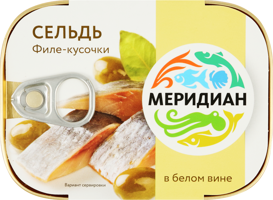 Сельдь МЕРИДИАН Дингли филе-кусочки в белом вине, 115г, превью