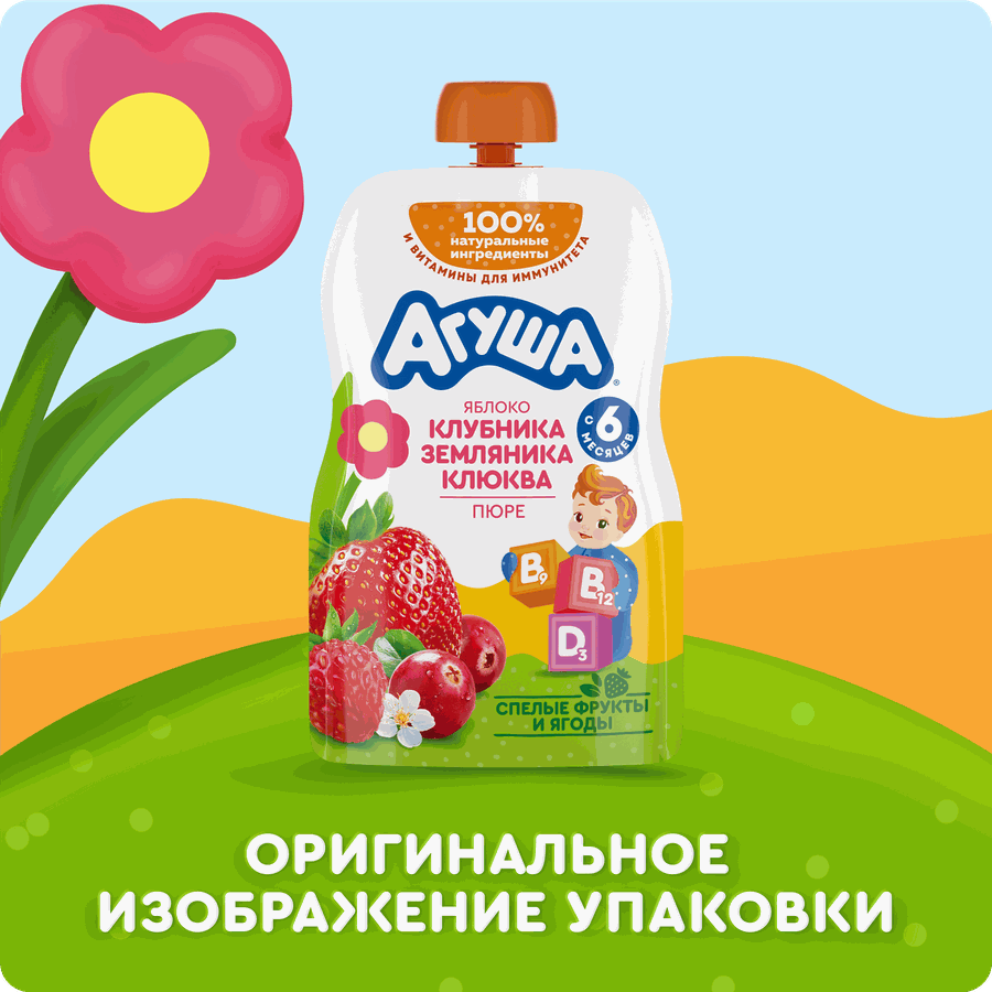 Пюре Агуша Укрепляй-ка яблоко, клубника, земляника, клюква  пауч 80г., предпросмотр